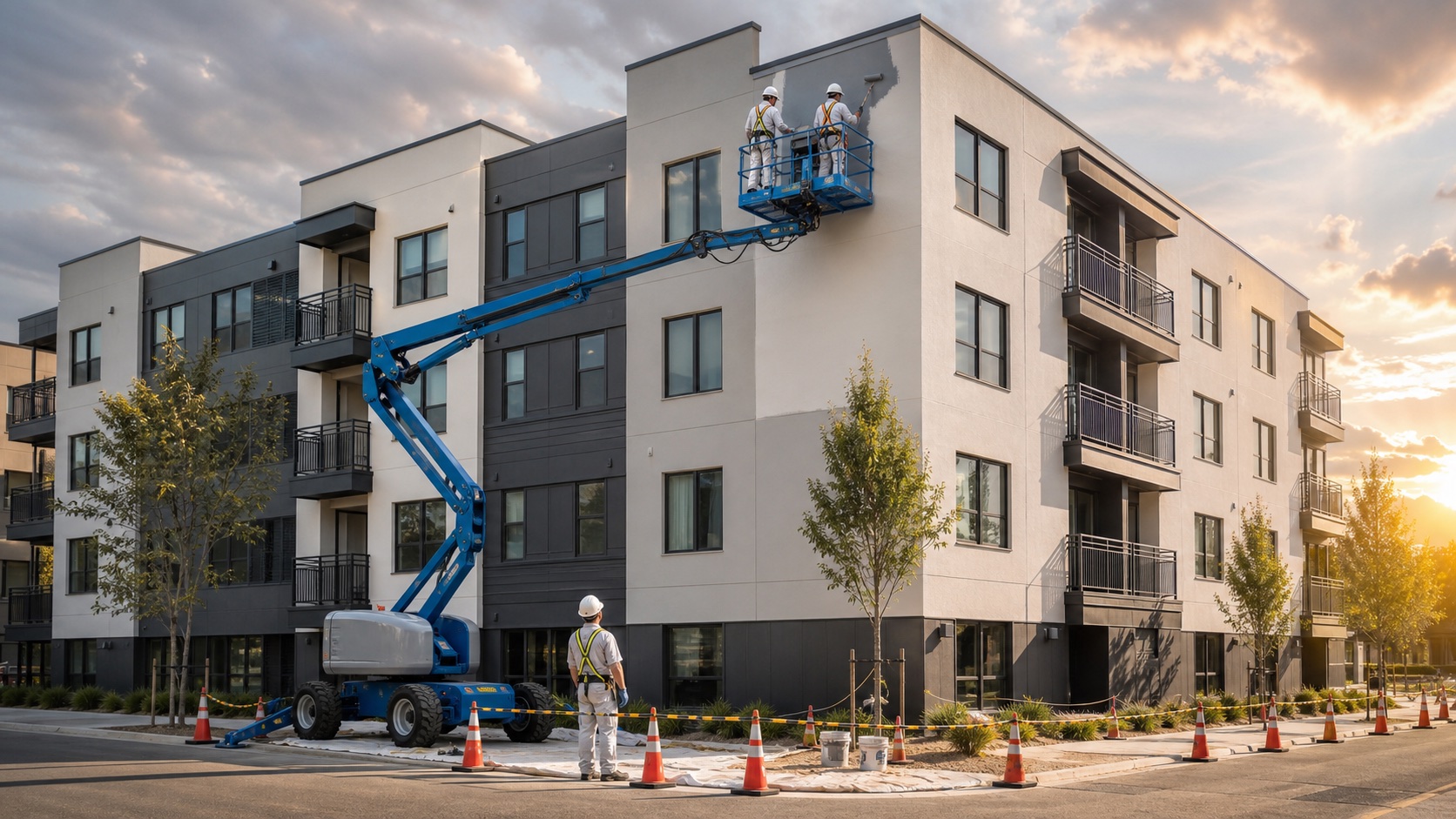 Representative visualization of painters using a boom lift to refresh a four-story multi-unit building exterior