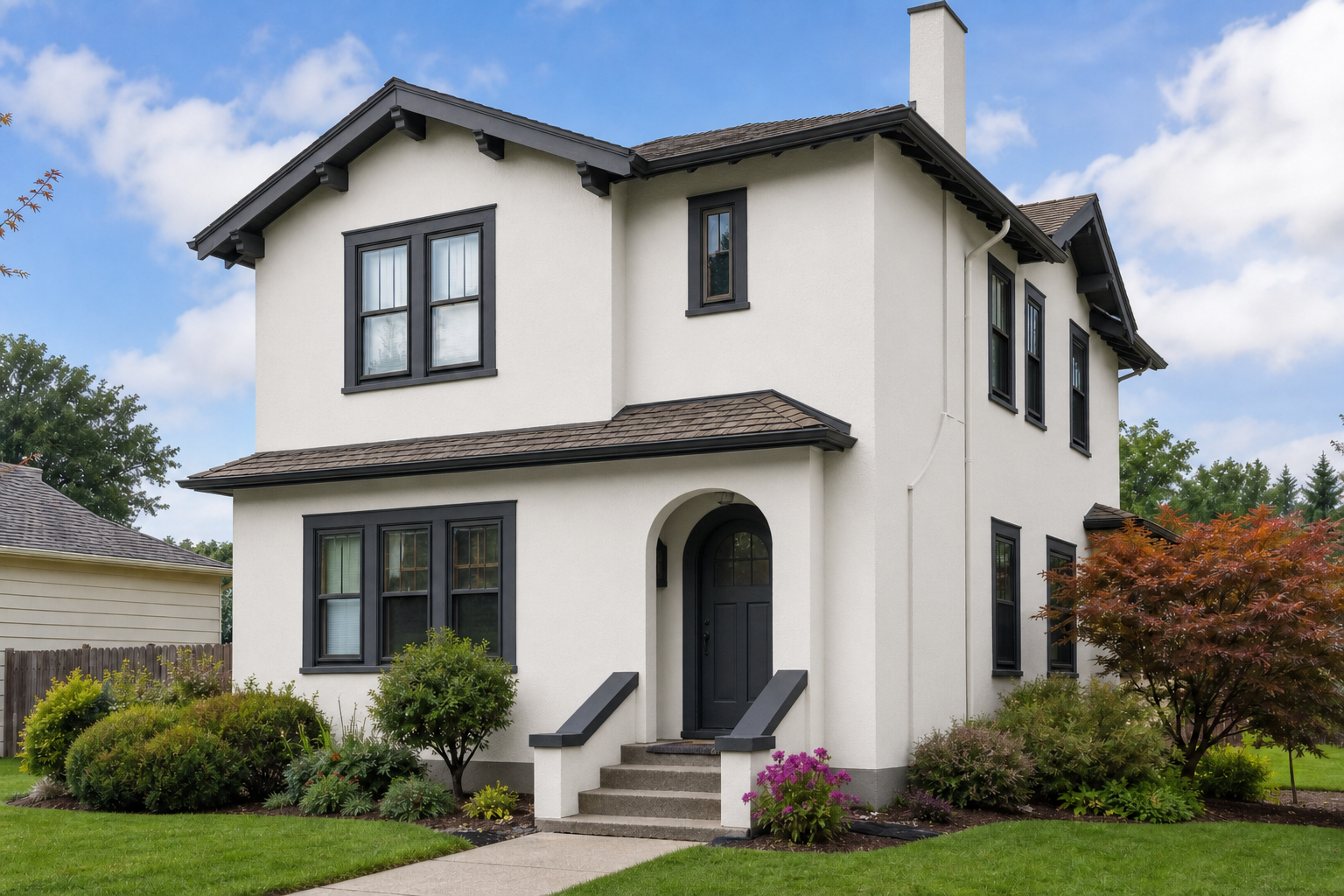 Representative stucco house after surface repair and a white and charcoal repaint